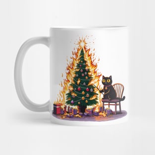 Black Cat Burning Christmas Tree Mug